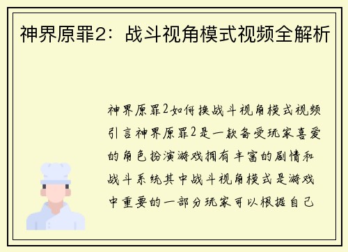 神界原罪2：战斗视角模式视频全解析