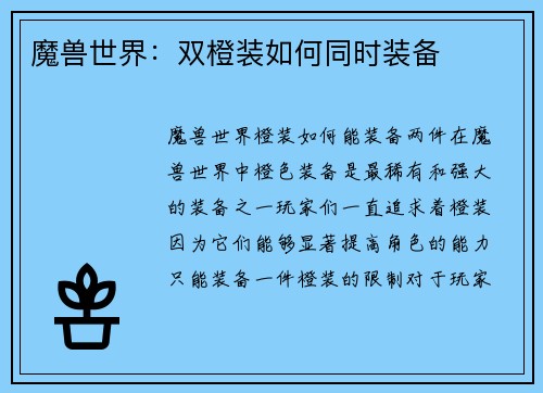 魔兽世界：双橙装如何同时装备
